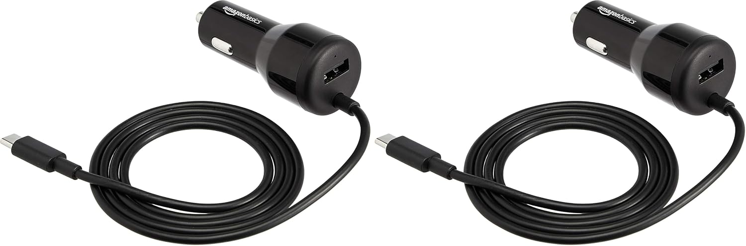 Amazon Basics 30W Fast Car Charger, 1 USB-C (18W) Cable with PD, 1 USB-A (12W) Port, Apple MFi Certified, for Phones (iPhone 16/15/14/13/12/11/X, Samsung, and more), Black