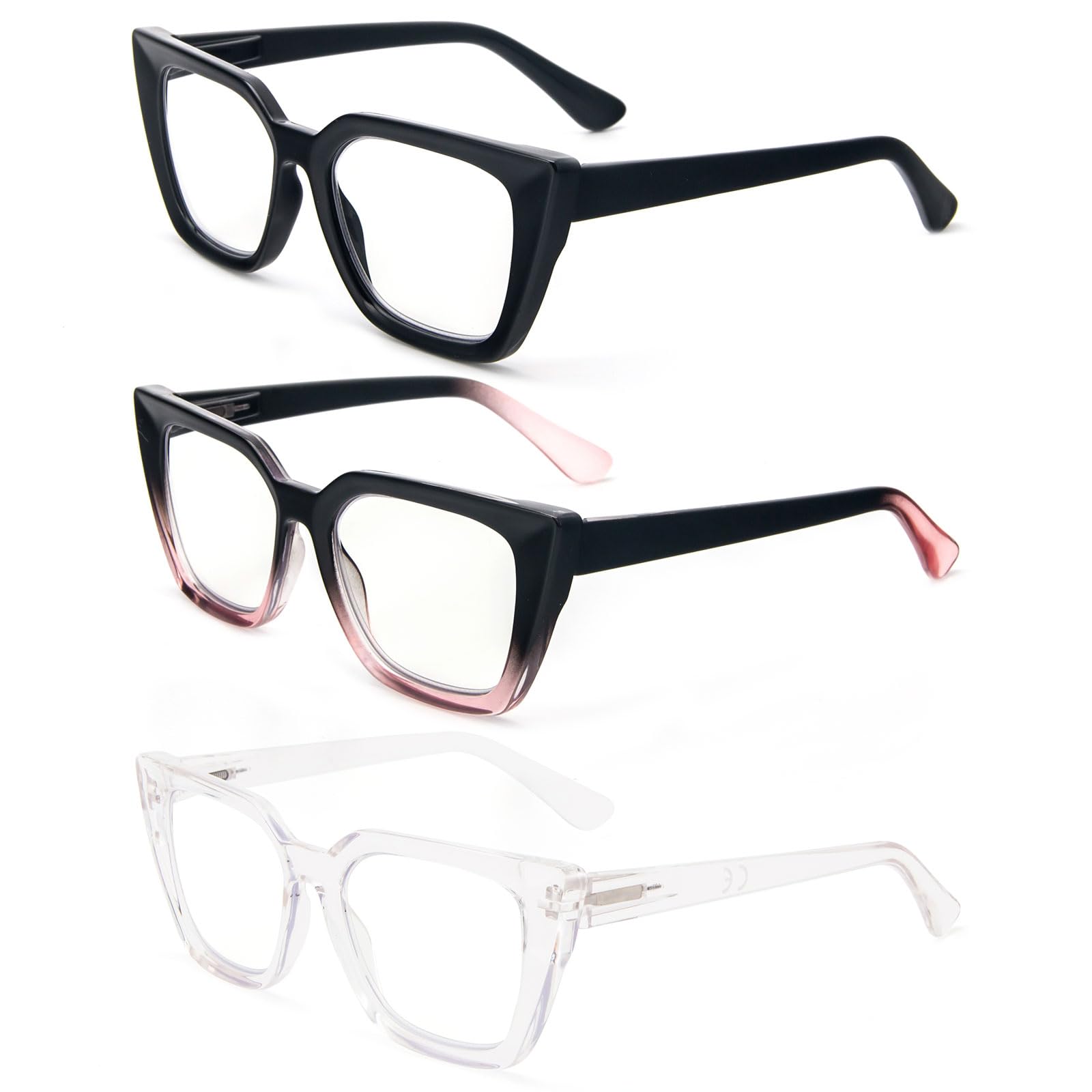Kodilin 3 Pack Occhiali da lettura donna Oversized Square Anti Luce Blue Computer Lettori Uomo con cerniera a molla (+1.5, nero rosa trasparente)