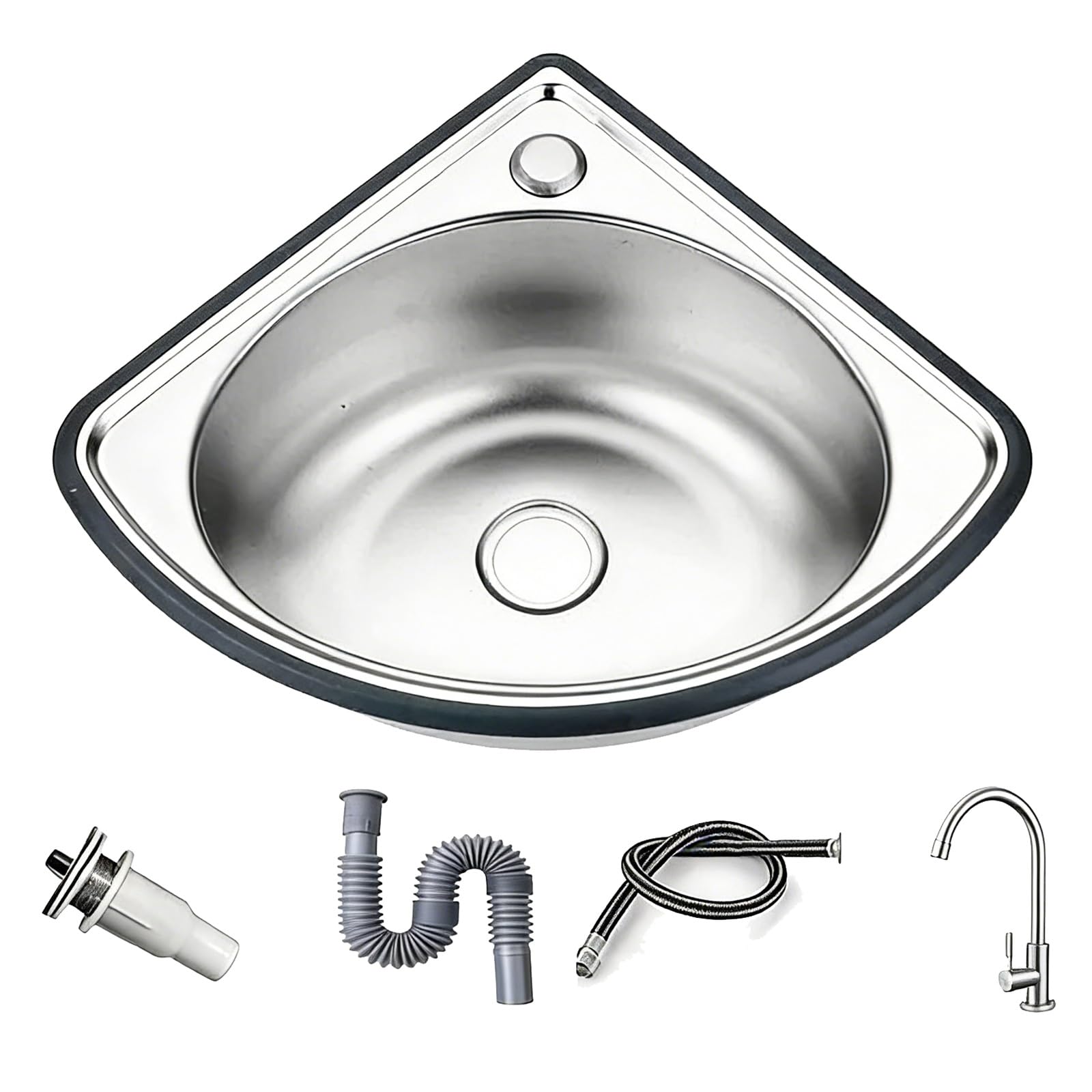 Triangular Fregadero Camper con Grifo, Fregadero Cocina de Acero Inoxidable 304, Juego Completo de Accesorios para Caravanas y Yates