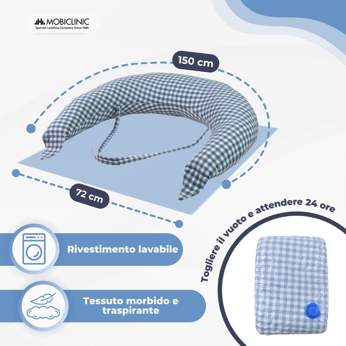 Mobiclinic®, Cuscino Allattamento e Gravidanza XXL, 3 in 1, Fodera in 100% Cotone, 150 Cm, Spalline Regolabili, Multifunzione, Aura, Rimovibile e Lavabile, Multiposizione, Stampa Vichy