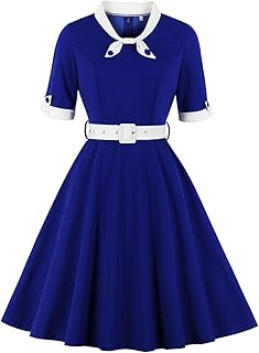 Vestido con Vuelo Grande y Costuras con Cuello en V, Azul Colorido con Blanco, XXL