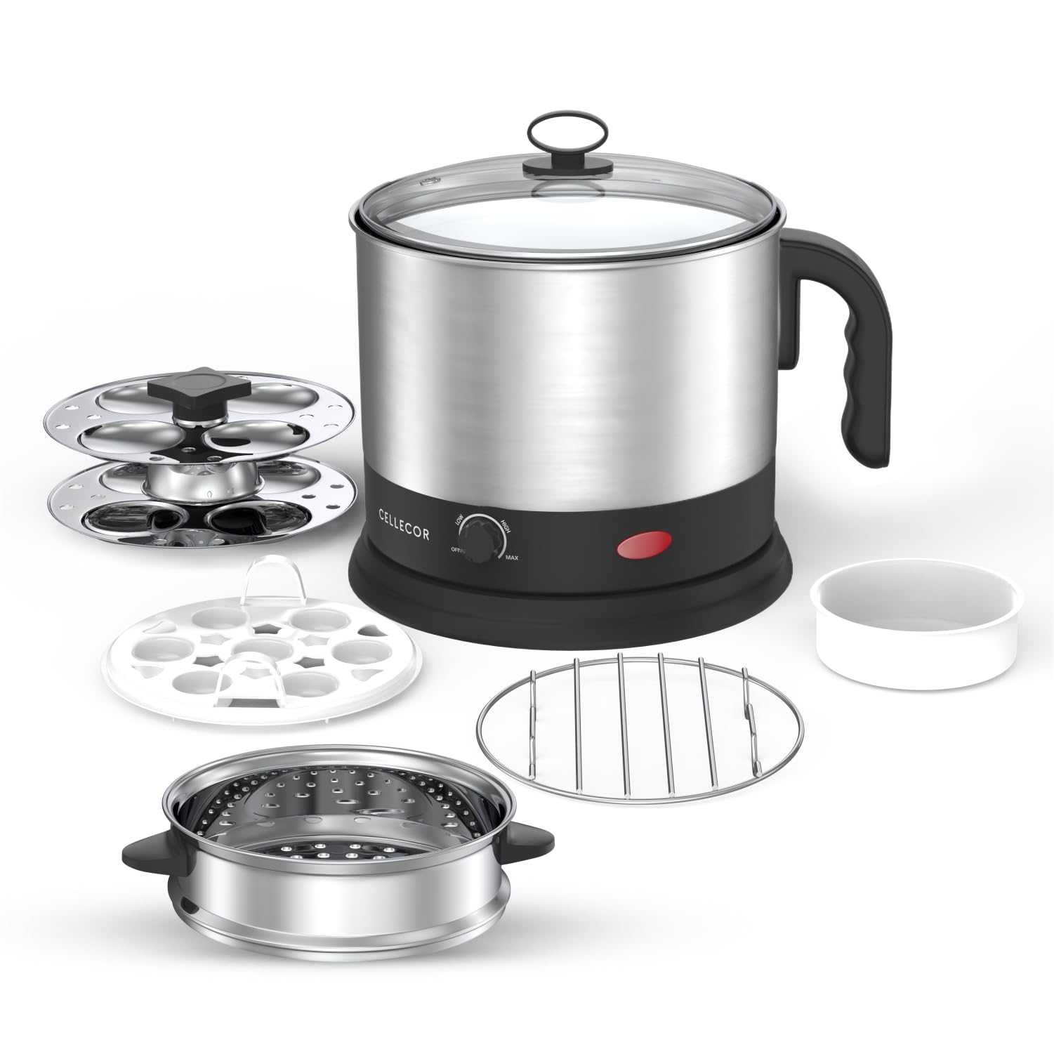 Cellecor Multi-Cook Kettle CMK13 Magic Chef With Steamer, Egg Tray, Idli Stand, Poacher Tray, Steel Tray, Multi Cooker Electric Kettle (1.3 L, Black)