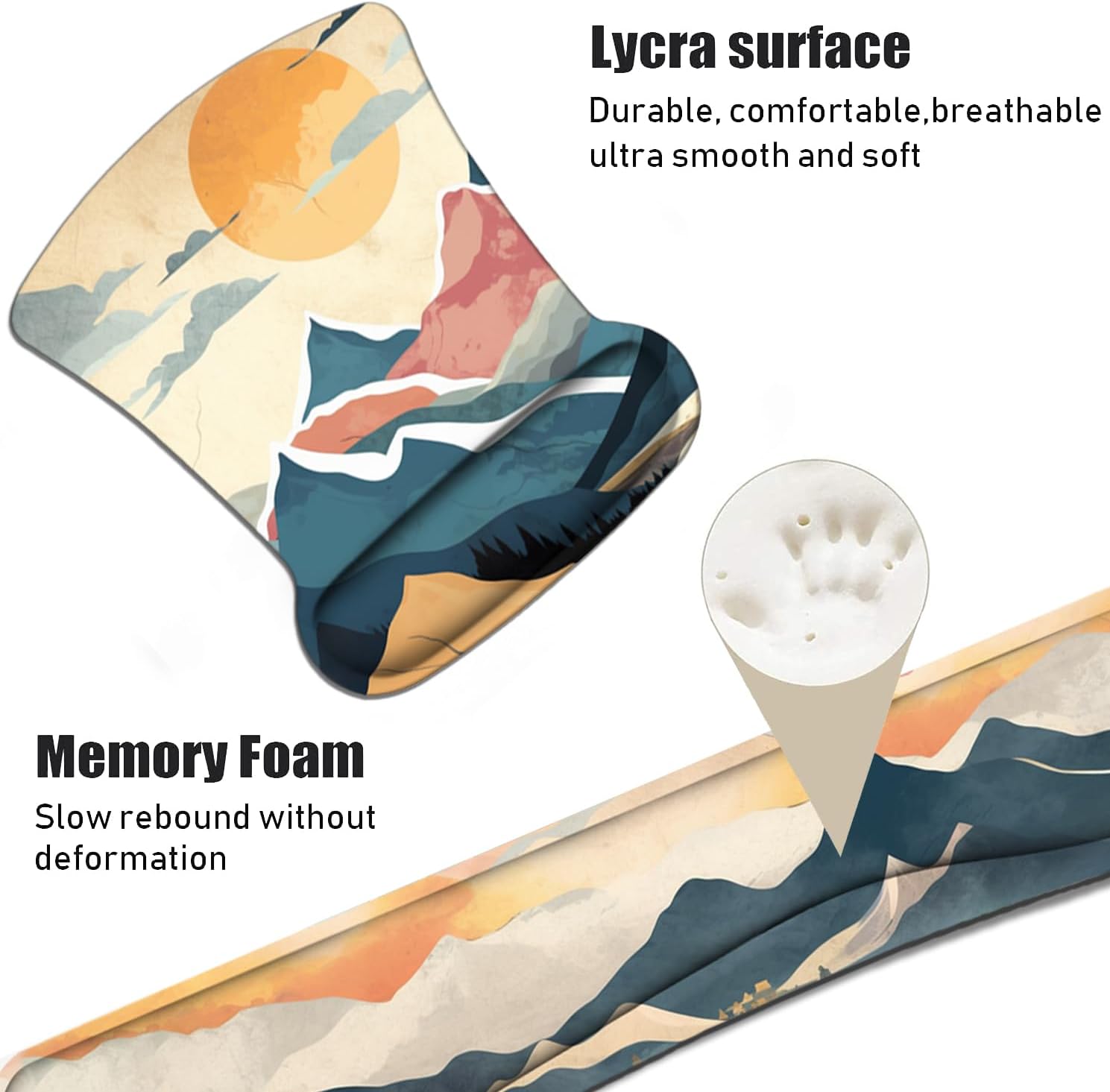 Keyboard Wrist Rest and Mouse Wrist Rest Pad Set with Coasters, Non-Slip PU Base Ergonomic Gaming Mousepad for Home Office Working Studying Easy Typing & Pain Relief - Mountain Sunrise