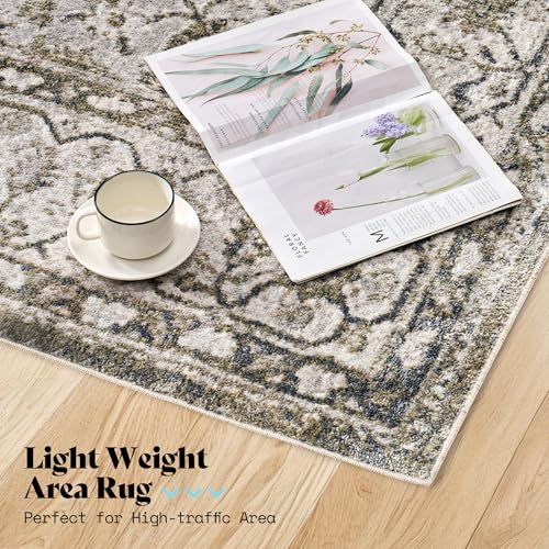 Image of AMERLIFE 5'x8' Wilton Collection Area Rug, Durable Low Pile Non-Slip Washable Rug for High Traffic Areas, Distressed Floral Pattern Vintage Rug for Living Room, Bedroom, Dining Room,Light Green
