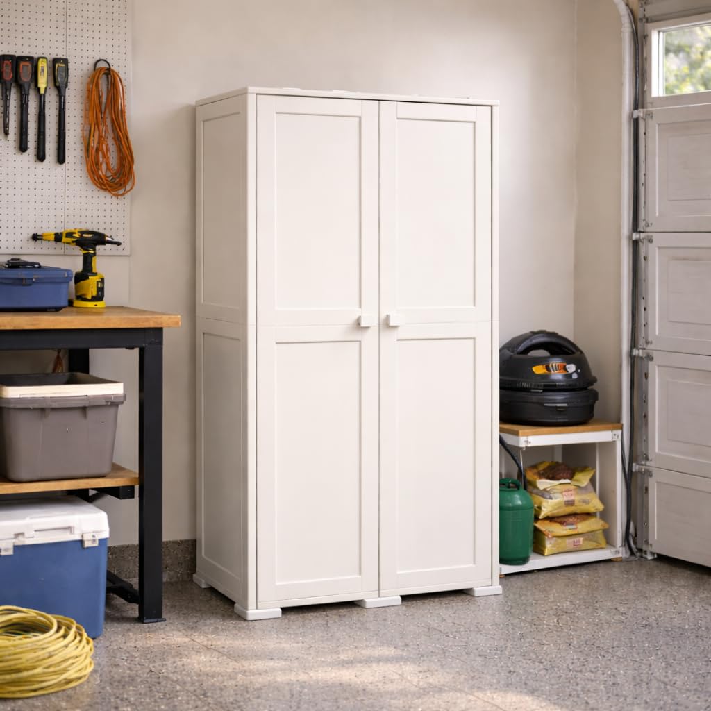 Armadio Alto in Plastica 79x43x164 cm. con 2 Ante e Vano Portascopa – Mobile Contenitore Multiuso Salvaspazio per Organizzazione Casa, Lavanderia e Ripostiglio (Panna)