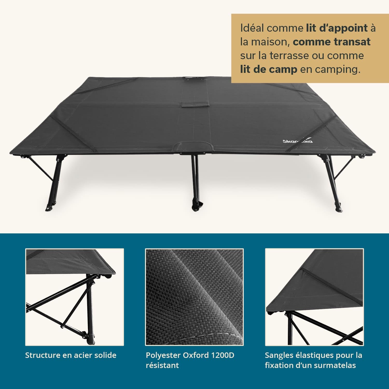 Skandika Lit de Camp Bodo| Lit de Camp Double pour 2 Personnes, Lit de Camping Pliable, supporte jusqu'à 250 kg, Lit d'appoint | Lit de Camping pour l'extérieur, Le Balcon, Le Jardin