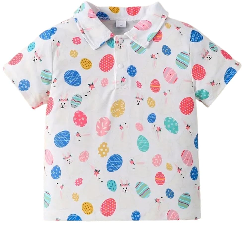 Image of Kids Easter Pattern Multi-Colored Printed Short Sleeve Button-Up Polo Shirt for Boy