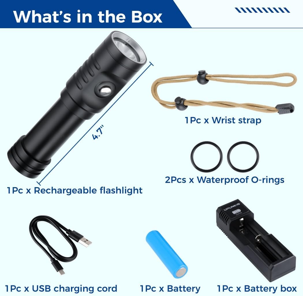 Portable Flashlight for Diving Camping Hiking, Black, Ap01 1050Lm Diving Flashlight, Ipx8 Waterproof Flashlight, Underwater Flashlight with Power Indicator, Diving Flashlight