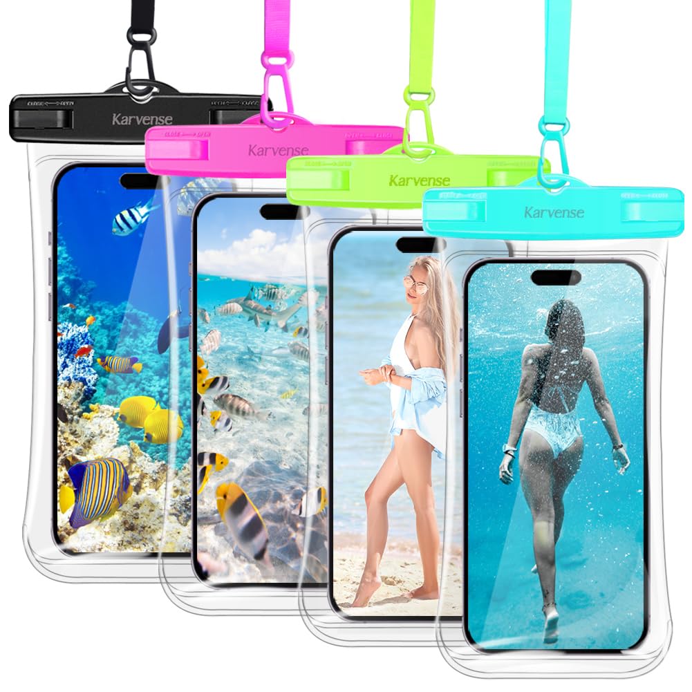 Karvense Waterproof Phone Pouch/Case, 4 Pack Large Water Proof Phone Pouch for iPhone, Samsung Galaxy & Pixel, IPX8 Phone Water Protector Pouch for