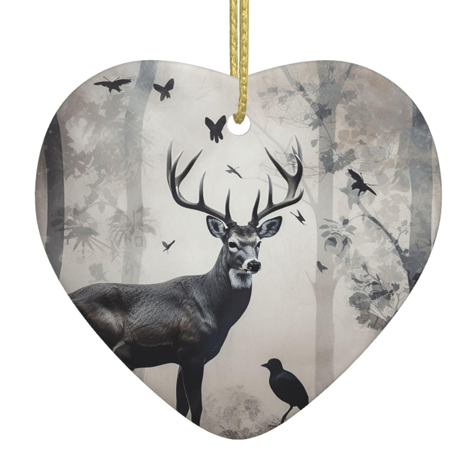 Ceramic Christmas Tree Hanging Ornaments with Gold Ropes Christmas Tree Decorations Heart Ceramic Hunting Silhouette of Deer Pendant Keepsake Decorations for Holiday Xmas Gift Ideas
