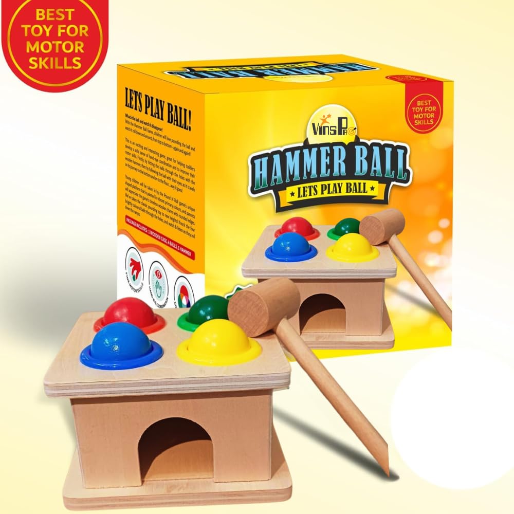 VinsPro® - Wooden Hammer Ball Knock Pounding Bench with Box Case Fine Motor and Dexterity Skills Early Educational Toy Set for Kids 3+ Years (Hammer Ball)