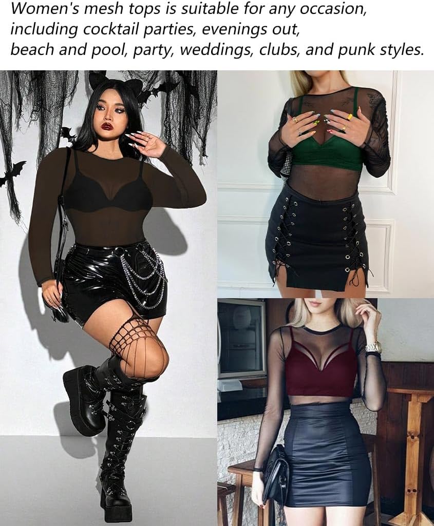 Women's Mesh Tops See Through Shirts Long Sleeve Bodycon Sheer Blouse Clubwear - Image 5