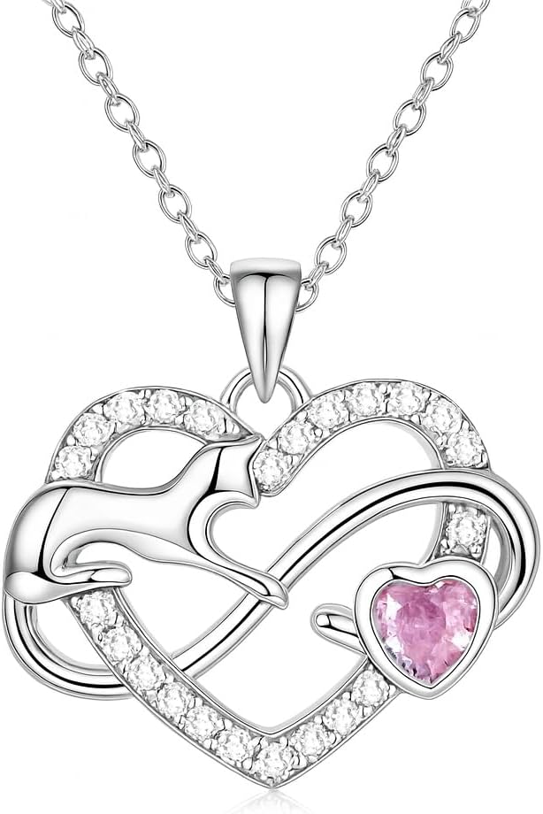 Stainless Steel Cat Moon Heart Star Flower Necklace with Crystal Pendant, 8 Designs - Cute Heart Necklace, With Black Cats, Charming in Rose Gold - Stylish Gift for Women & Party Accessory (Silver Cat w/pink heart)
