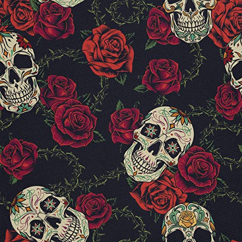 HEKO PANELS Oxford Fabric by Metre for Sewing Canvas Polyester Sewing Fabrics Decorative Material Water-Resistant Waterproof Non Transparent Skulls Roses 1 Meter 155 x 100 cm 5 x 3 ft