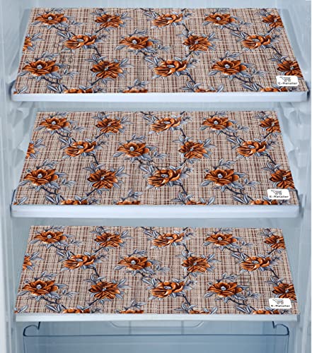 Image of Polyester 3-Layered Fridge Top Cover /Refrigerator Cover With Utility Pockets and Set of 3 Pc Fridge Mats (Color-Check Floral Brown, Size -39x21 Inches)