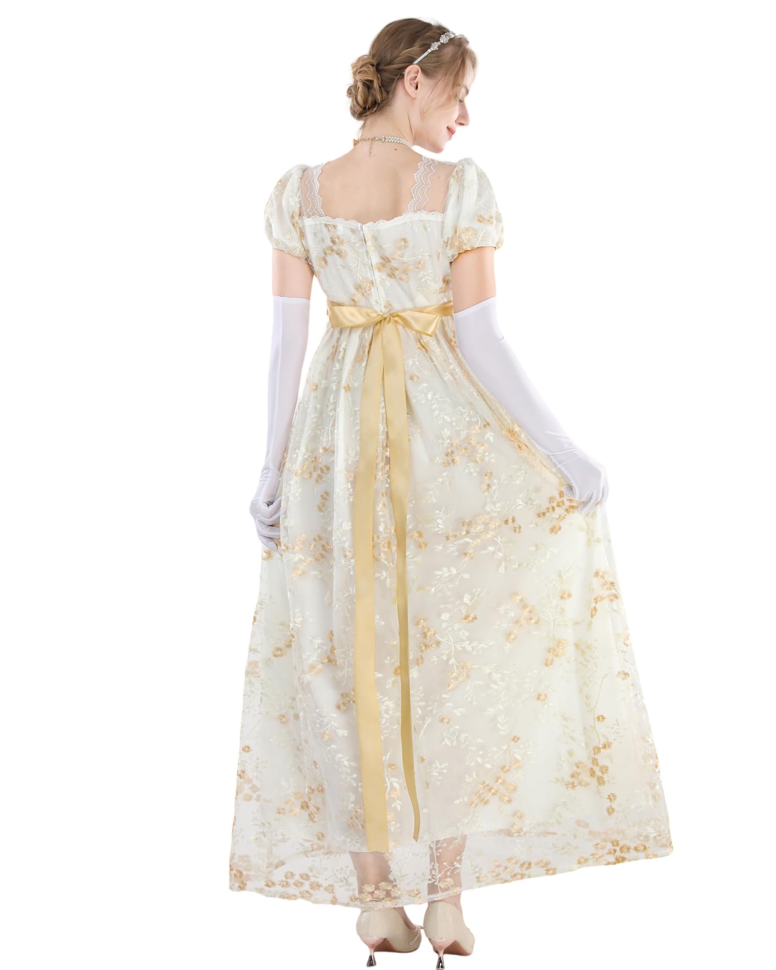 Longue robe empire de bal de style vintage et victorien, inspirée de Jane Austen au temps de la régence anglaise, avec gants inclus, pour femme