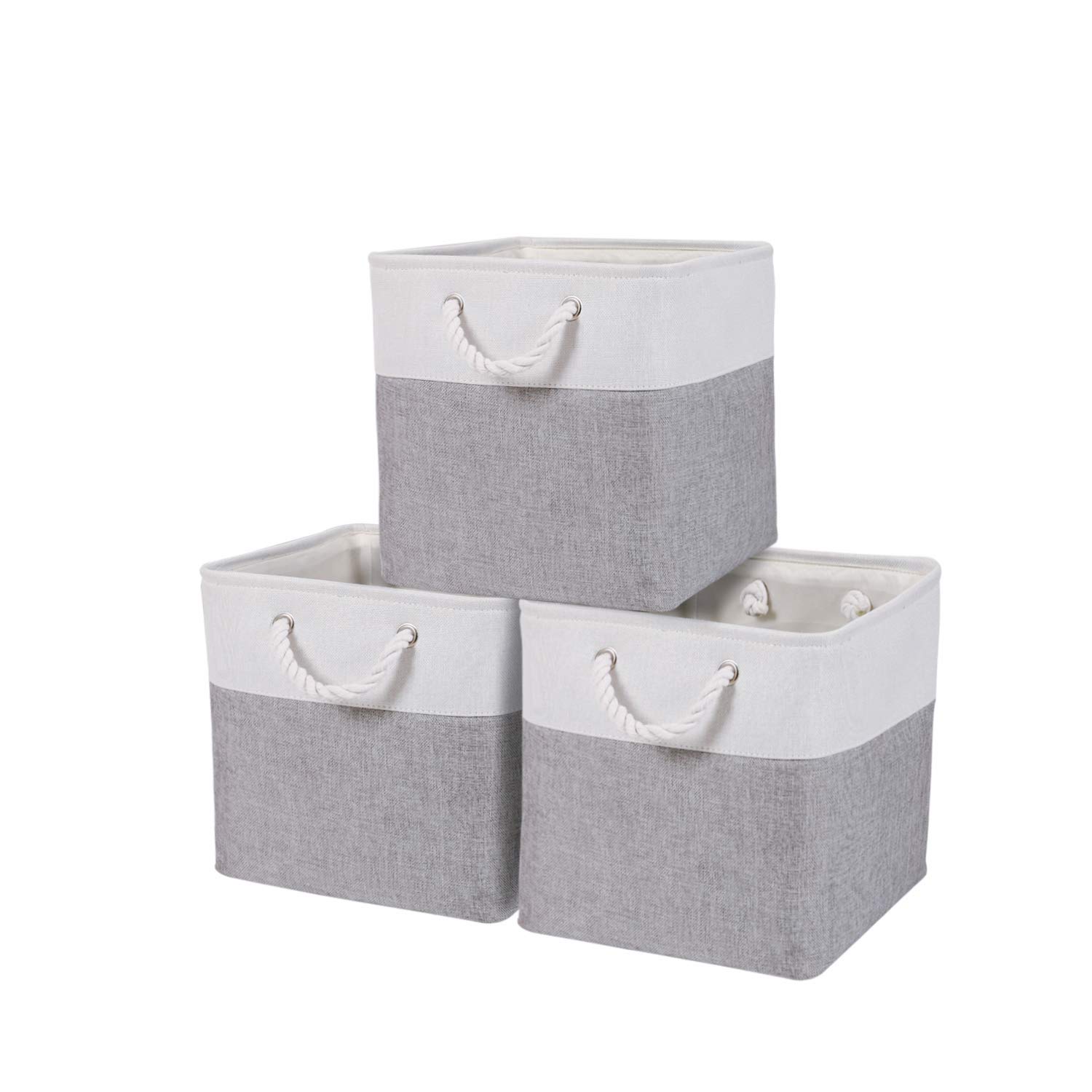 Mangata Canvas Storage Boxes, 33 x 38 x 33cm Large Foldable Storage Baskets for Organizing Clothes Nursery Home (Grey/White, Set of 3)