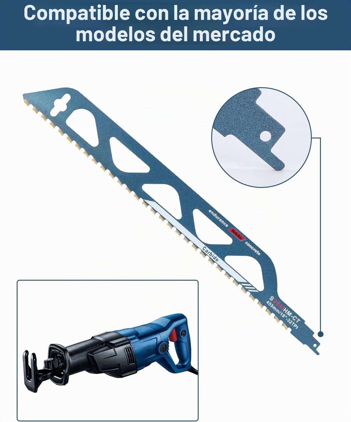 Hojas de Sierra Sable, 455mm Sierra de Sable, Accesorios Sierra Sable para Metal, Hormigón Poroso,Ladrillo, Placa de Cemento (S2243HM)