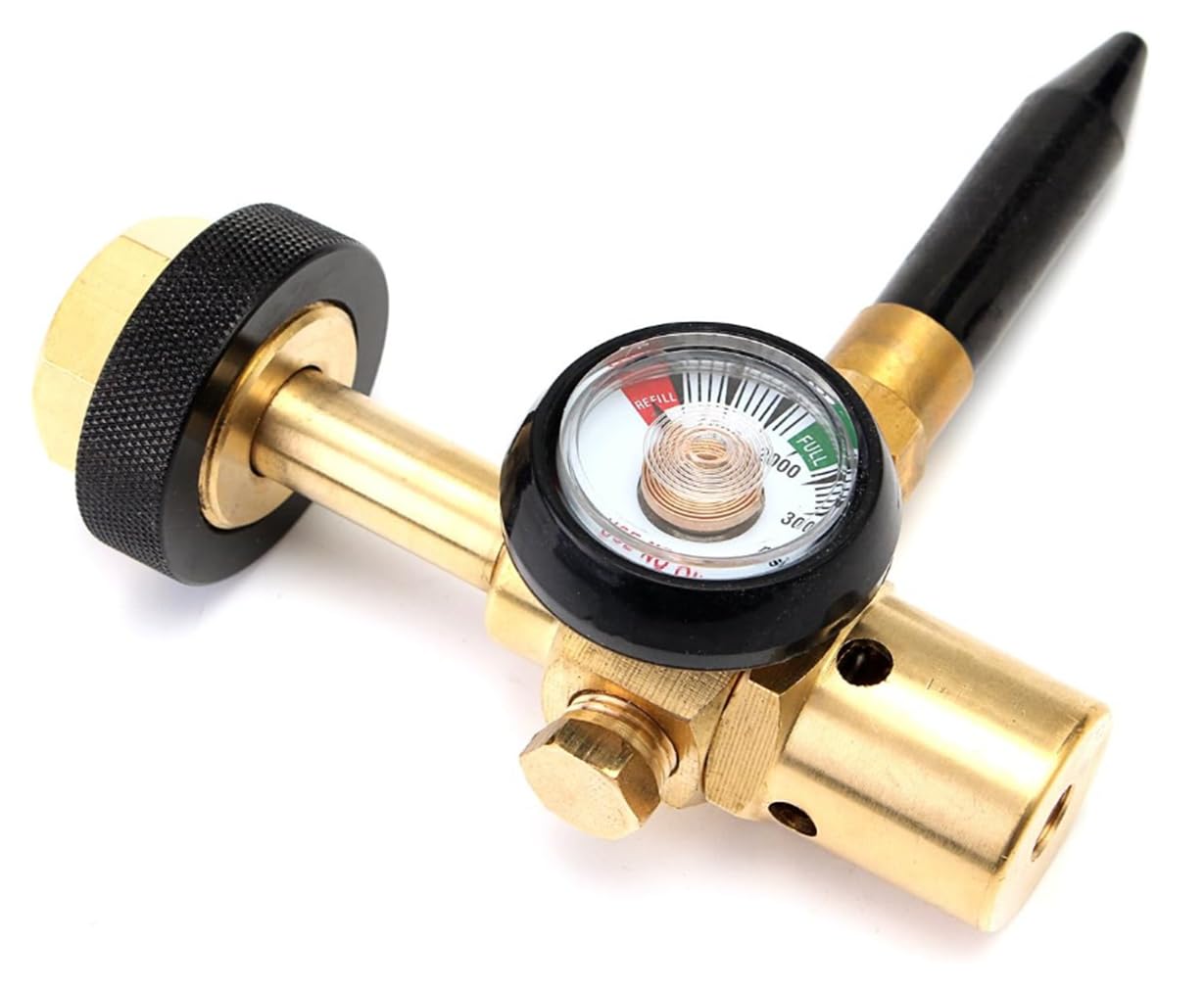 Hel lateksowy regulator nadmuchiwania balonów z manometrem W21.8-14 | Mosiężna konstrukcja, miernik 3000 PSI, kompatybilny z zaworem zbiornika, radełkowane pokrętło sterujące, wskaźnik ciśnienia