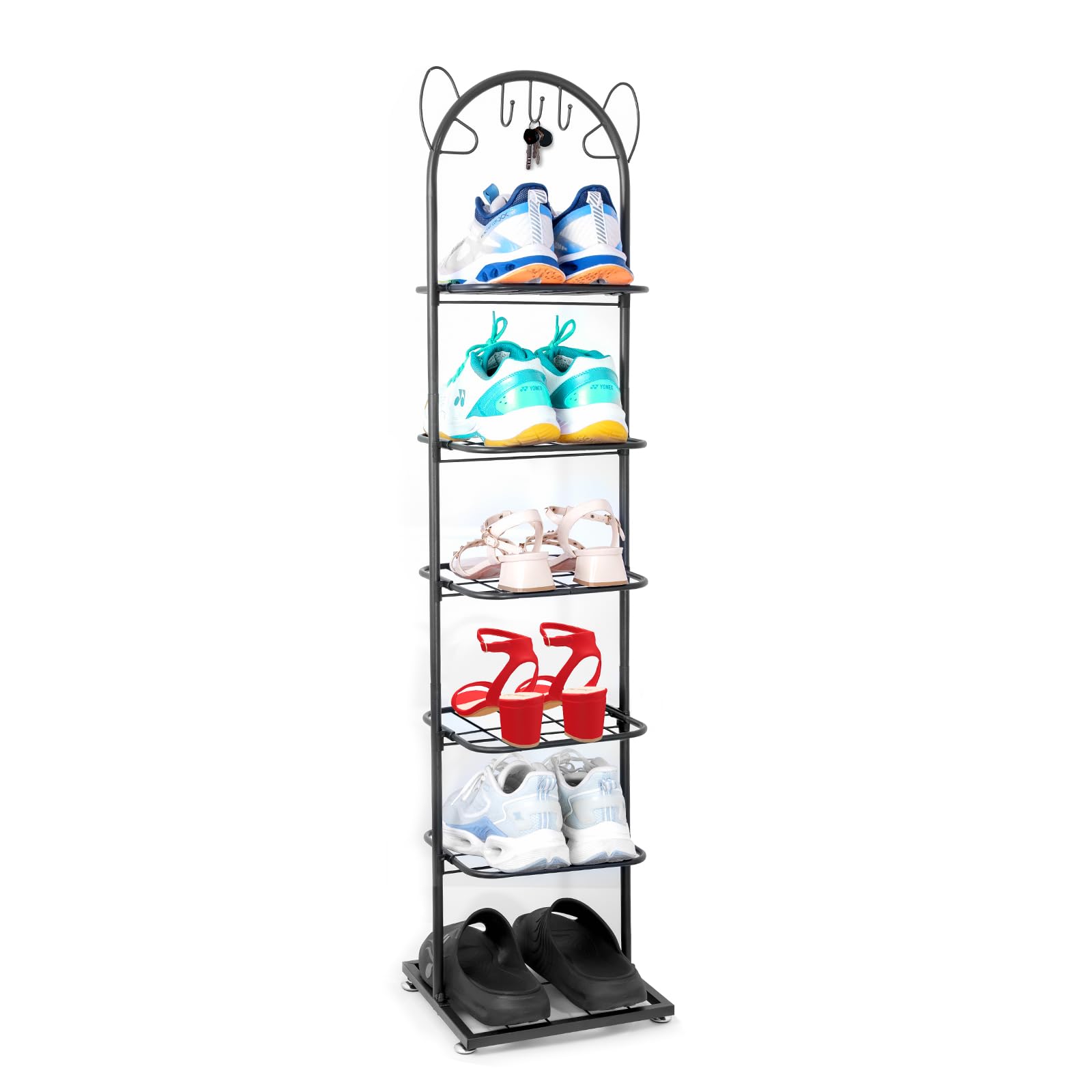 DOADW Free Standing Shoe Racks, 6 Tier Shoe Shelf, Shoe Storage Organizer, Space-Saving Shoe Rack with Hooks, Sturdy Metal Shoe Rack, Closet Shoe Organizer for Entryway Corner Bedroom, Black