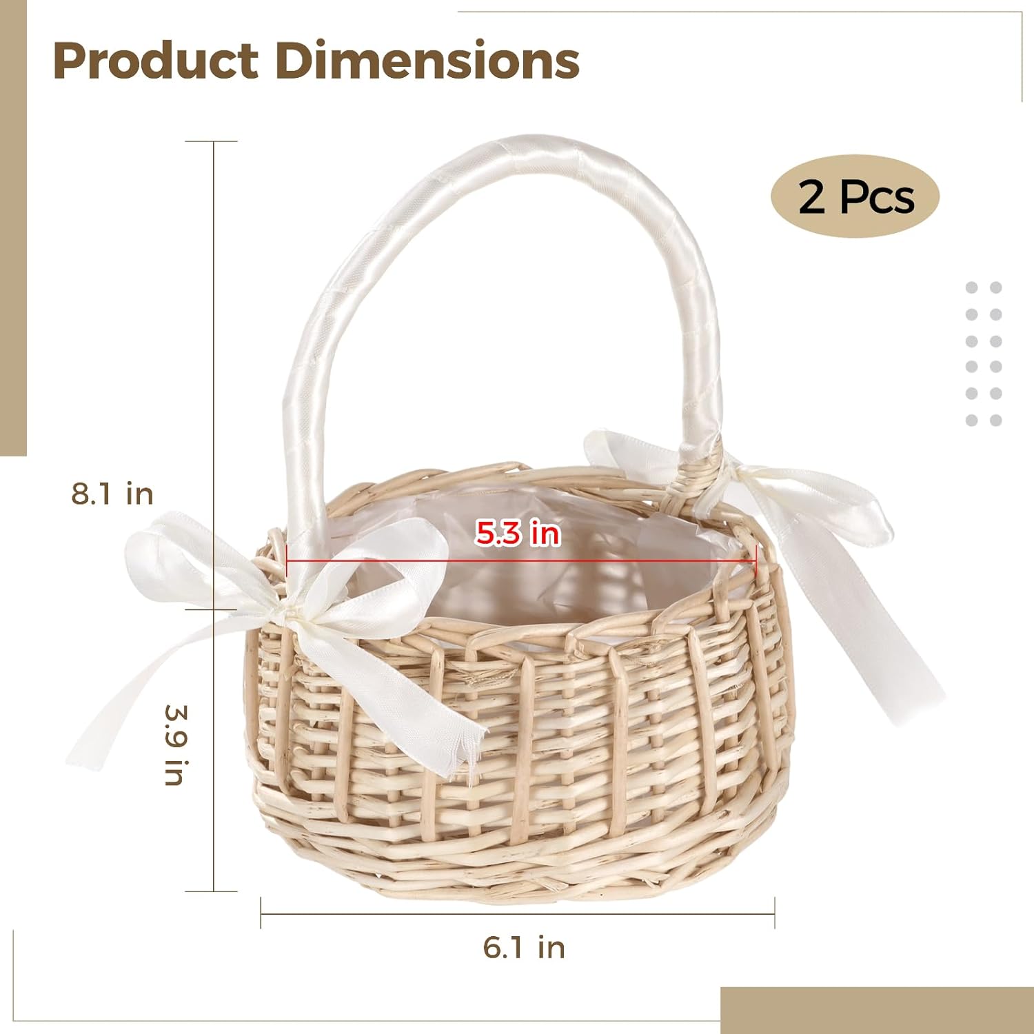 Flower Girl Basket Set of 2, Small Wicker Baskets with Handle, Rattan 6.1 X 3.9 X 8.1 in Decorative Organizer, for Weddings and Events