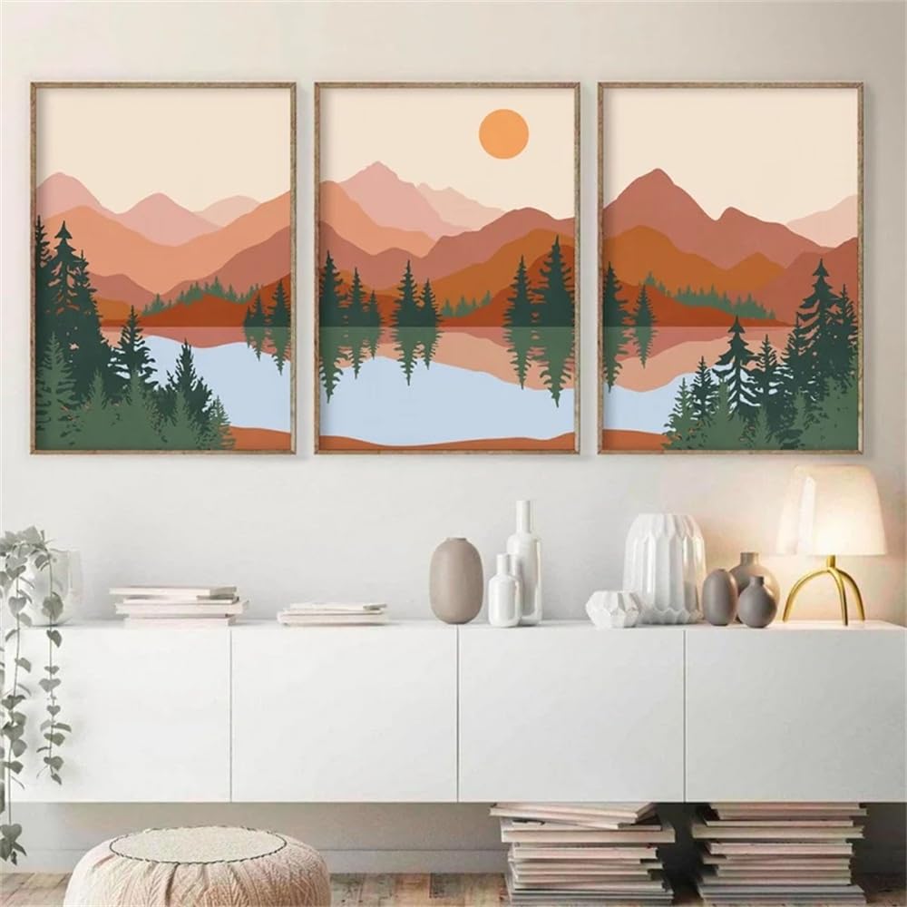 WUHBCZ Art Pictures-Nordic Abstract Landscape Painting Wall Art Lake Tree Sun On Canvas Posters And Prints Living Room Kitchen Office Home Bedroom Decoration-40 * 60cm/3PCS (No Frame)