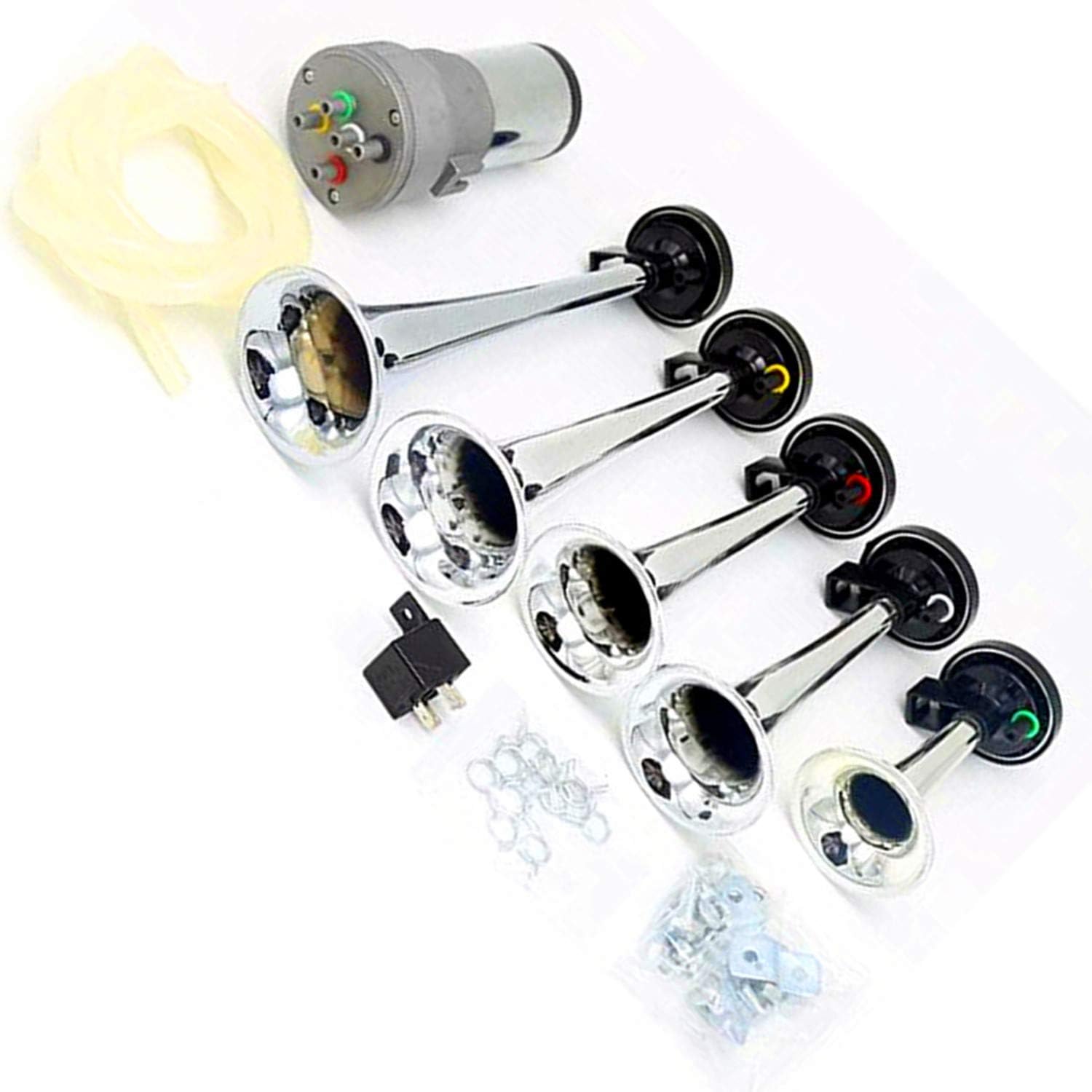 music horn Dixiland Silver air pump Car Horn Multi-frequency sound personality12V150DB Five-tube Air Horns Speaker Truck Horn with Compressor for any vehicle train lorry car boat motorcycle etc