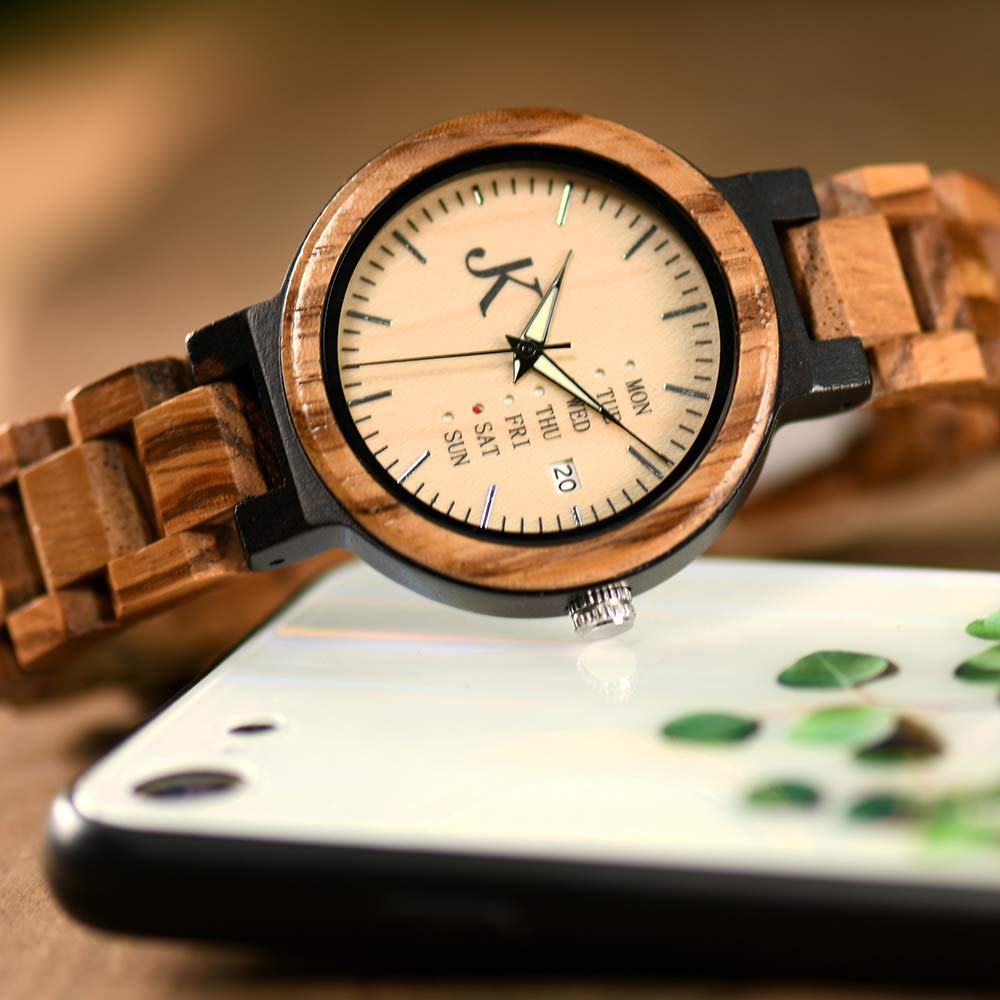 Kim Johanson Damen Holz-Edelstahl Armbanduhr *Light Week* mit Datum- & Tagesanzeige Handgefertigt Quarz Analog Uhr inkl. Geschenkbox