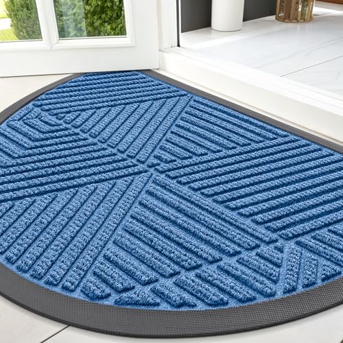 Image of Smiry Half Circle Front Door Mat Outside Entrance, Heavy Duty Sturdy Natural Rubber Doormat, Trap Dirt and Moisture, Low Profile Mats for Indoor Outdoor Entry, Irregular Triangle (47x32, Blue)