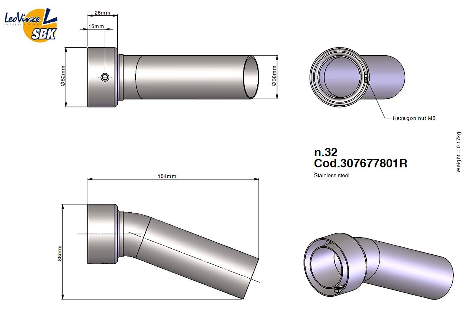 LeoVince SBK db-Eater dB-Killer No32 Länge 154mm Durchmesser 52mm/38mm Edelstahl
