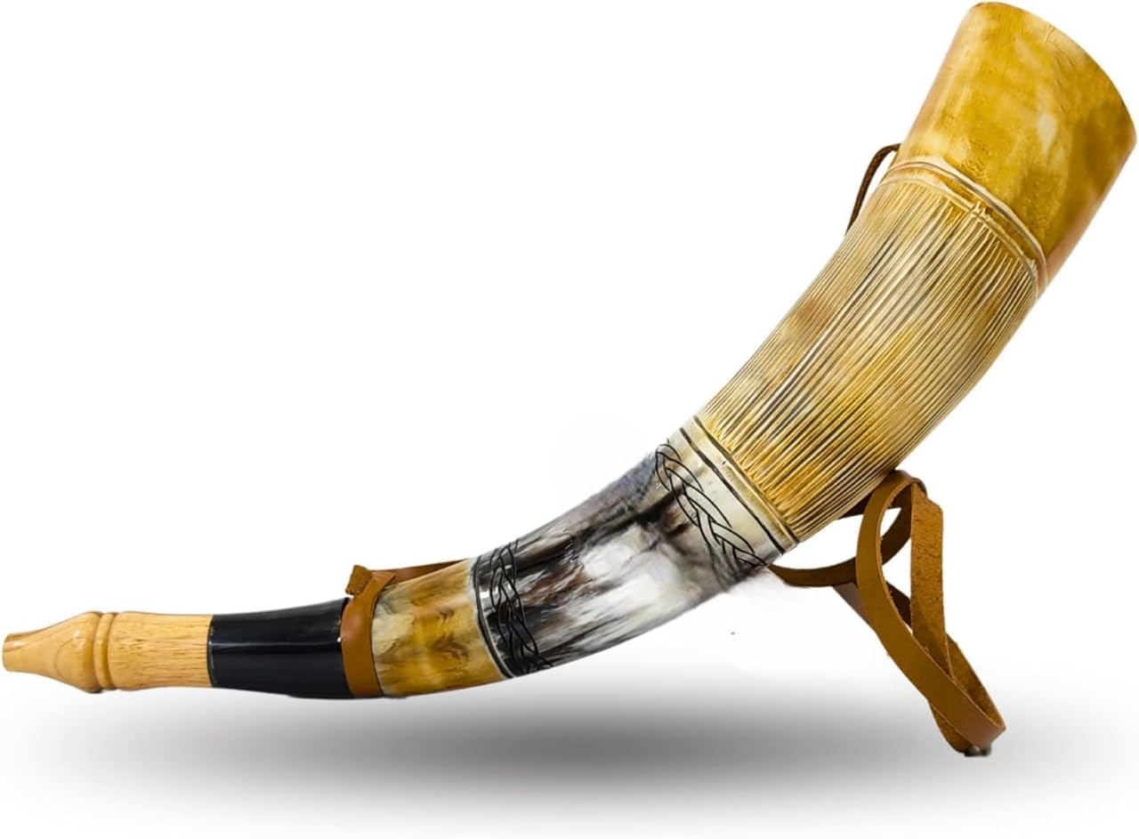 Viking Blow Horn | Genuine Ox Horn Trumpet | Viking Bugle Hunting tool Ideal for Medieval Battle & Norse Gathering Fans | Handcrafted Antique Unique Gift for Men - 16"