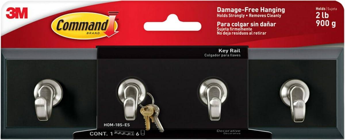 3M Command HOM18SES Decorative Key Rail, 8w x 1 1/2d x 2 1/8h, Black/Silver, 4 Hooks/Pack