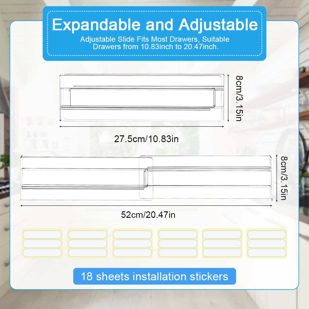 QINERSAW Separadores de cajones ajustables 6 piezas 27,5-52 cm Plástico transparente Organizador para baño oficina