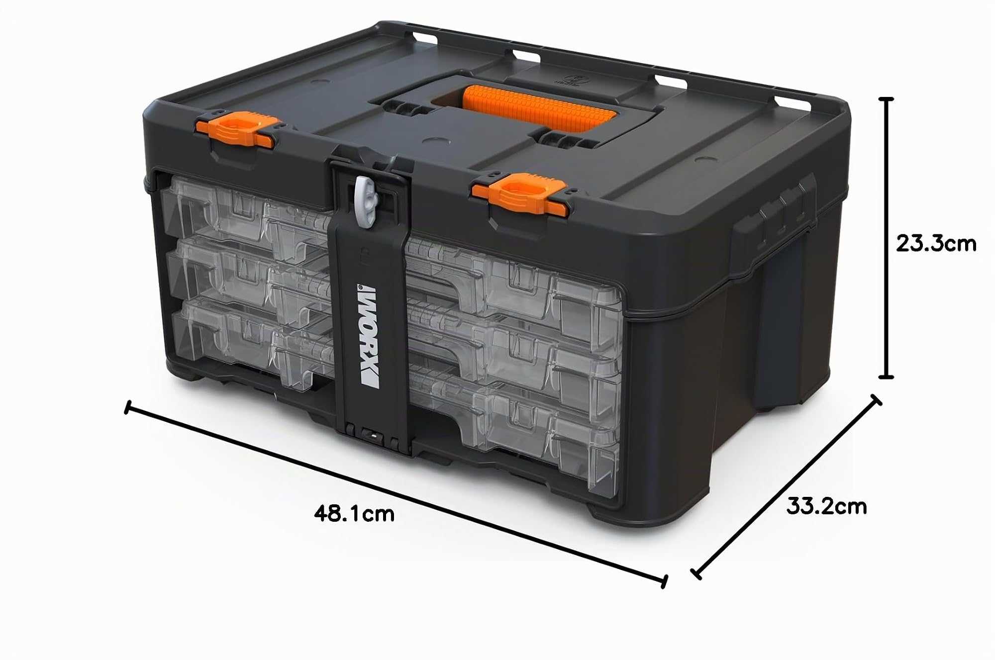 WORX Organisateur 3 tiroirs, noir, poignée de transport, séparateurs amovibles, Garantie 5 ans, dimensions : 33,2x23,3x48,1 cm