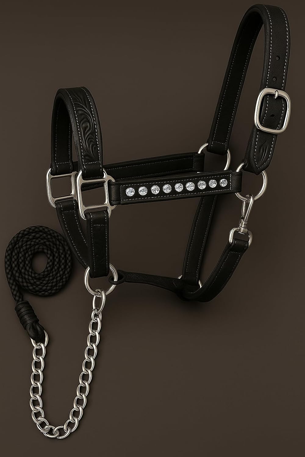 Handcrafted Leather Horse Halter – Tooled Design with Crystals, Cushioned Padding, Adjustable Fit, Chain Lead M3
