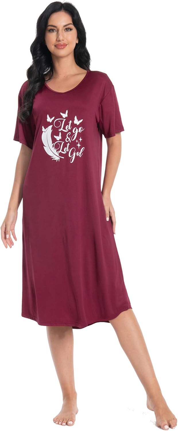 3 Pack Nightgowns for Women Soft Print Womens Nightshirts Short Sleeve Sleepwear - Image 3