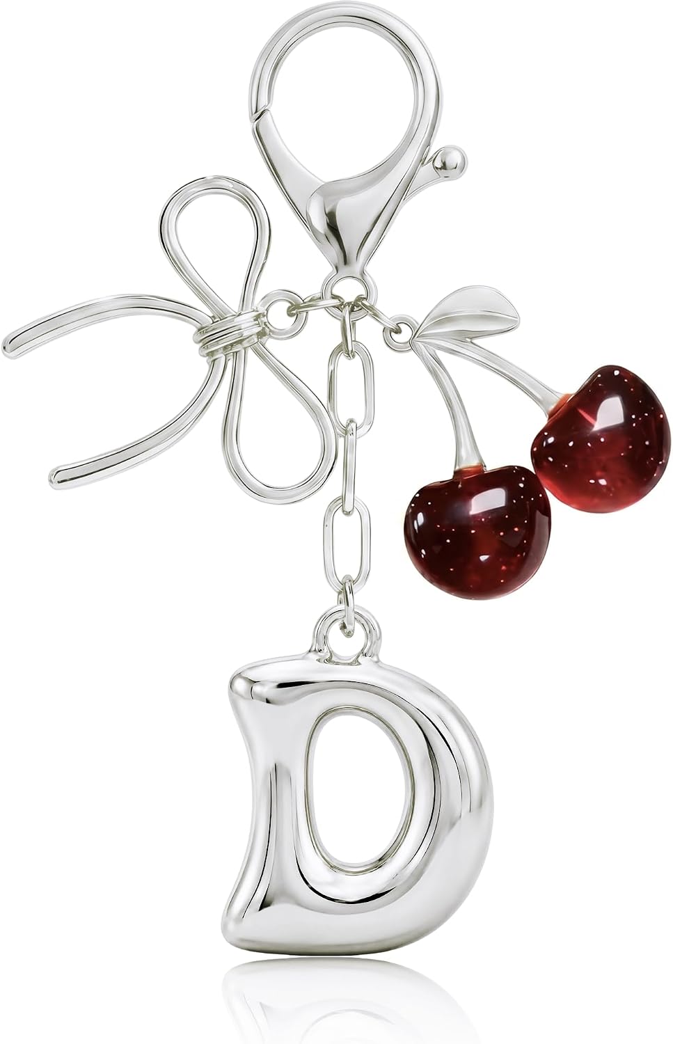 Bubble Initial Letter Keychain with Bow & Cherry, Cute Bag Charms for Women Handbags, Gold & Silver Purse Accessories