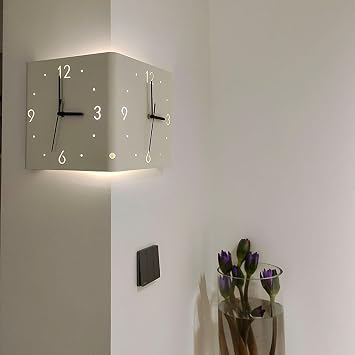Operated Silent Square Wall Clock for Bedroom,art Double Sided Corner Wall Clock, 3D metal Corner Clock, Sensor Charging Luminous Corner Wall Clock with Numeral Scale,No need to punch holes.White