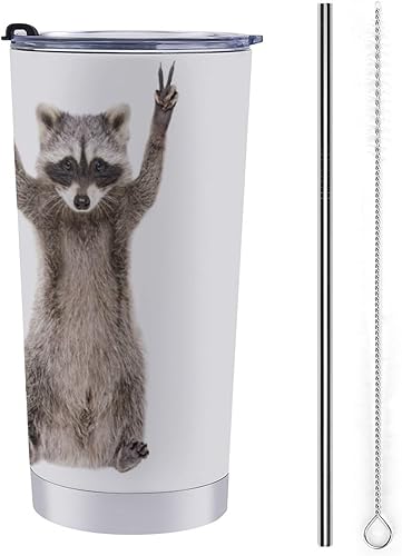 MoBlinko Vaso de viaje de 20 onzas con tapa y pajitas, divertido y lindo mapache con señal de paz, taza de café aislada de acero inoxidable para