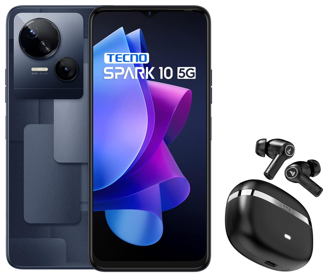 Tecno Spark 10 5G (Meta Black, 4GB RAM,64GB Storage)|8G & Boat Nirvana Ion with 120 Hrs Playb