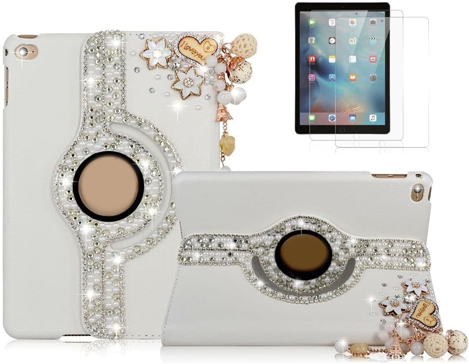 STENES Bling Case Compatible with Samsung Galaxy Tab A9 Plus (2023) - Stylish - 3D Handmade Heart Pendant Flowers Floral 360 Degree Rotating Stand Cover with Smart Auto Sleep/Wake - Gold