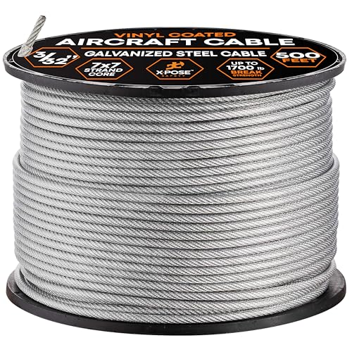 Image of Xpose Safety 7x7 Vinyl-Coated Galvanized Steel Aircraft Cable - 500 ft Wire for Pulley Systems, Winches, Marine & Boat Wire, Deck Railing, Cable Railing, Fencing, DIY Projects