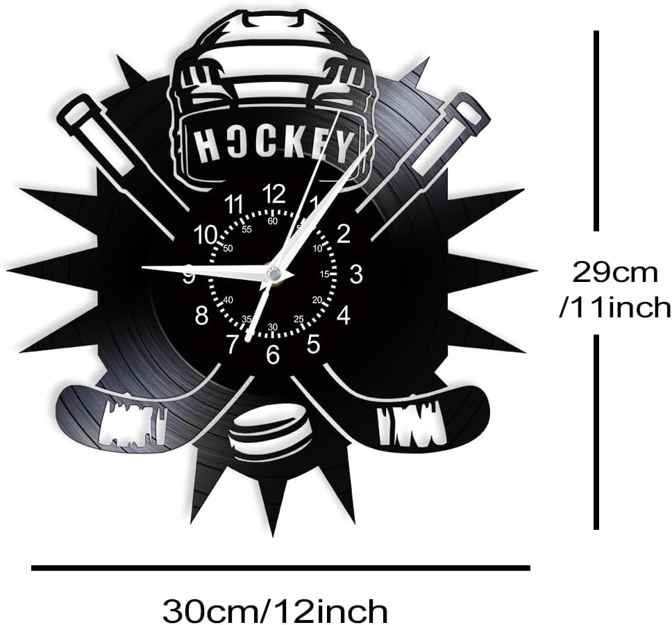 Hockey Wall Clock, 12 Inch Hockey Club Wall Clock, Silent Quartz Non Ticking Battery Operated Modern Decorative Analog Vinyl Record Clock Wall Watch for Man Cave Hockey Team Hockey Fan Gift