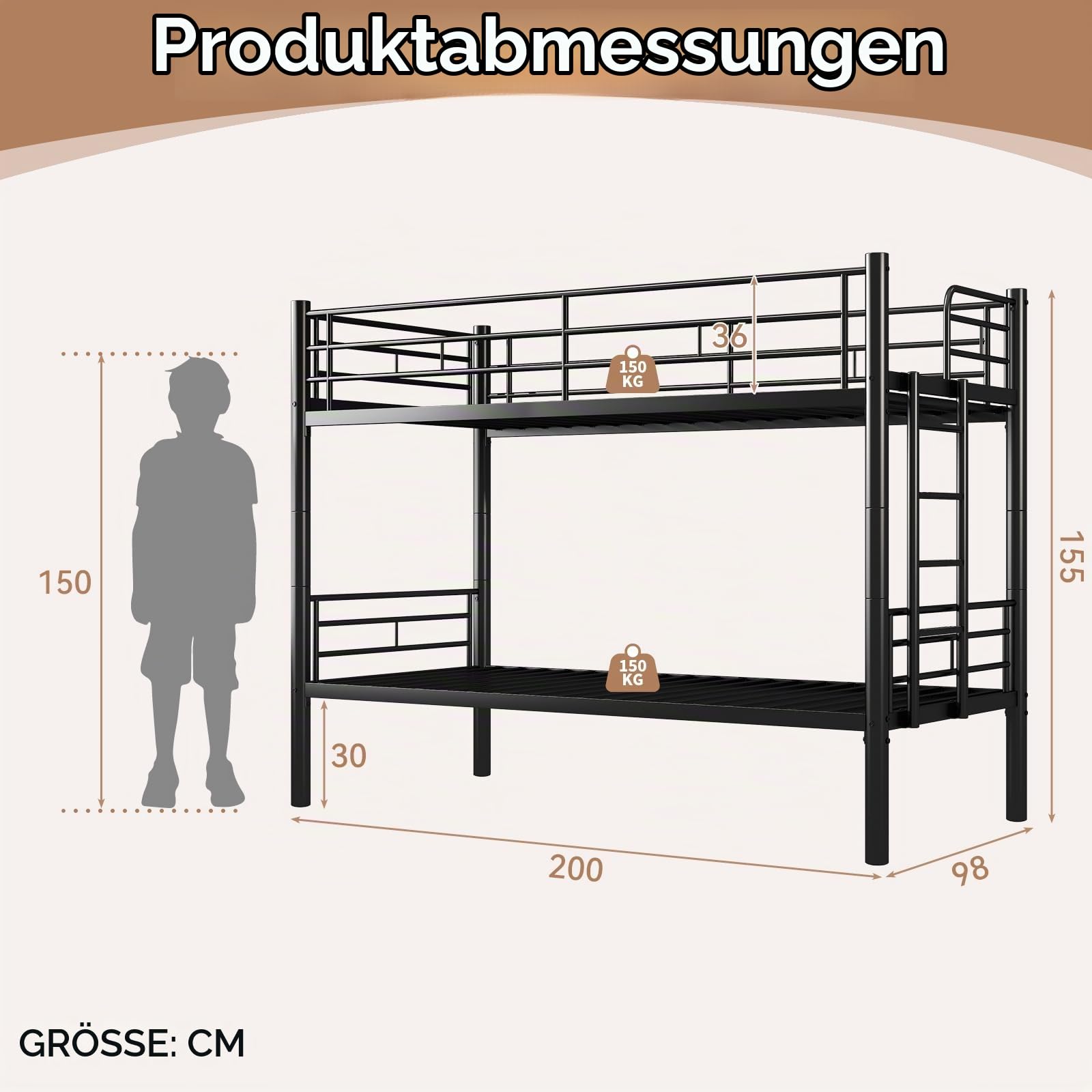 Kinder Etagenbett 90x200cm Bunk Bed Kids mit Sicherheitsgeländer Metallbett Umbaubar zu 2 Einzelbetten Bunk Bed mit Lattenrost Anti Rutsch Treppe, Schwarz (Etagenbett)