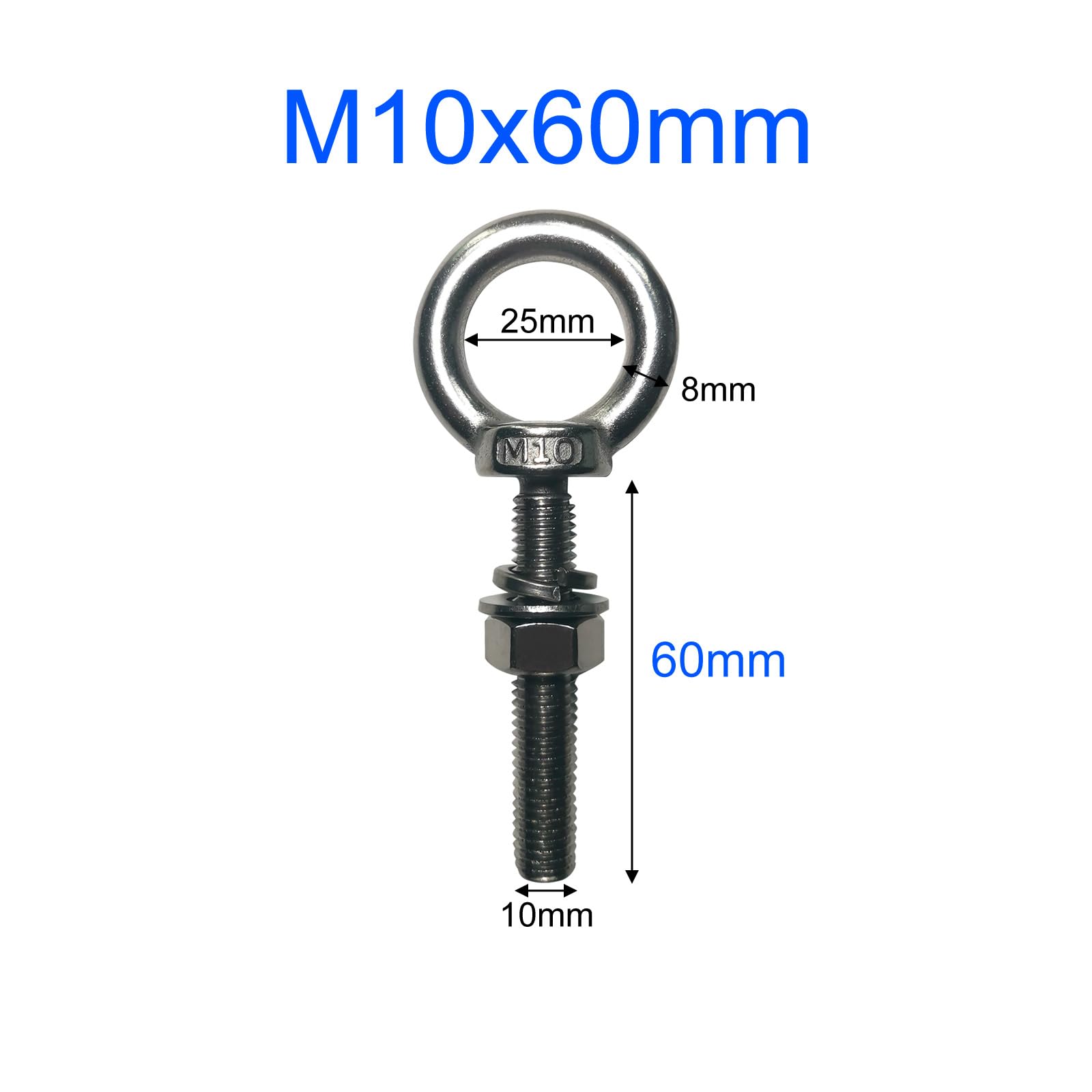 Vite ad anello M10 x 60 mm, 4 viti ad occhio con dadi esagonali e rondelle, in acciaio inox fuso, viti ad anello per fissaggio e sospensione