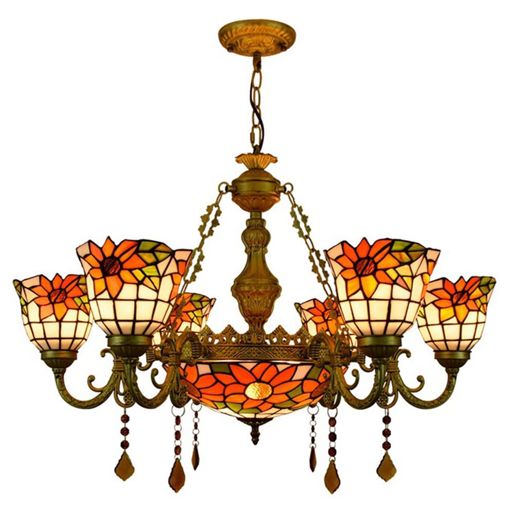 FYZDLAOR 6+1-Light Chandelier,with Flower Pattern Lampshade Pendant Light Light Fixtures,Tiffanystyle Stained Glass Hanging Light Wide 32 Inch with Crystal Pendant