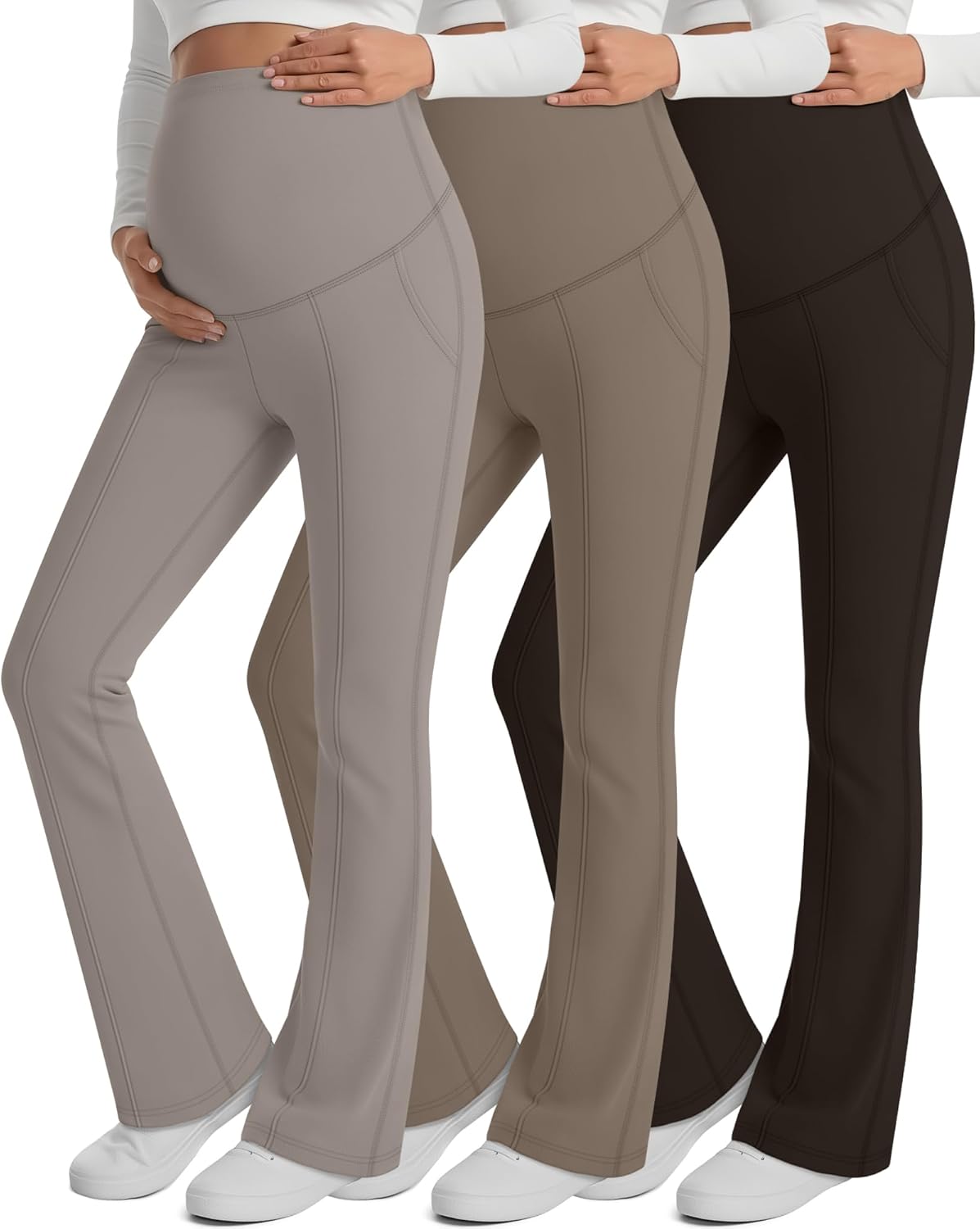 3 Pack Maternity Yoga Dress Pants Over The Belly Pregnancy Pant Stretchy Wide Leg Lounge Trousers with Pocket