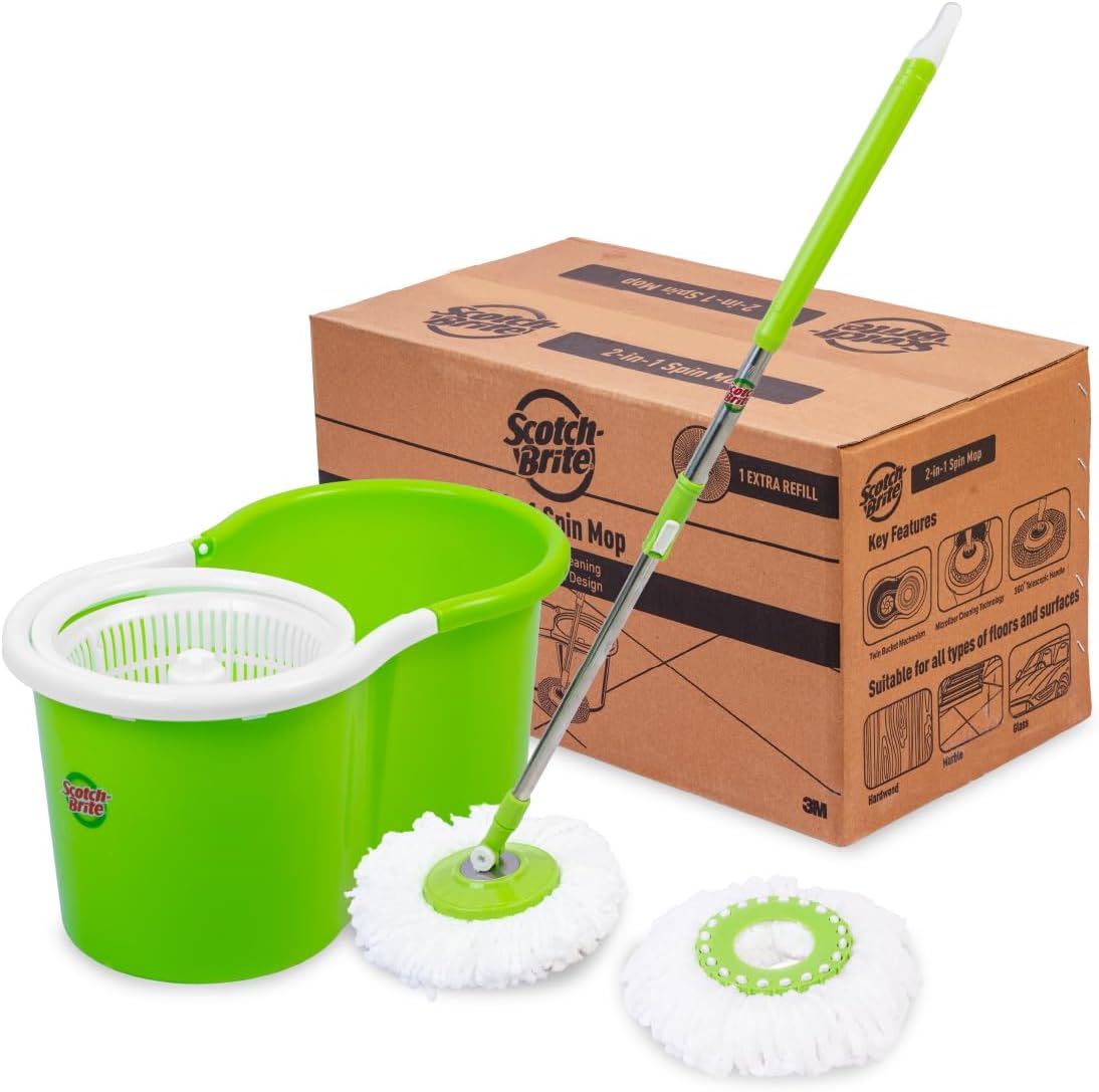 Scotch-Brite 2-in-1 Bucket Spin Mop (Green, 2 Refills), 4 Pcs