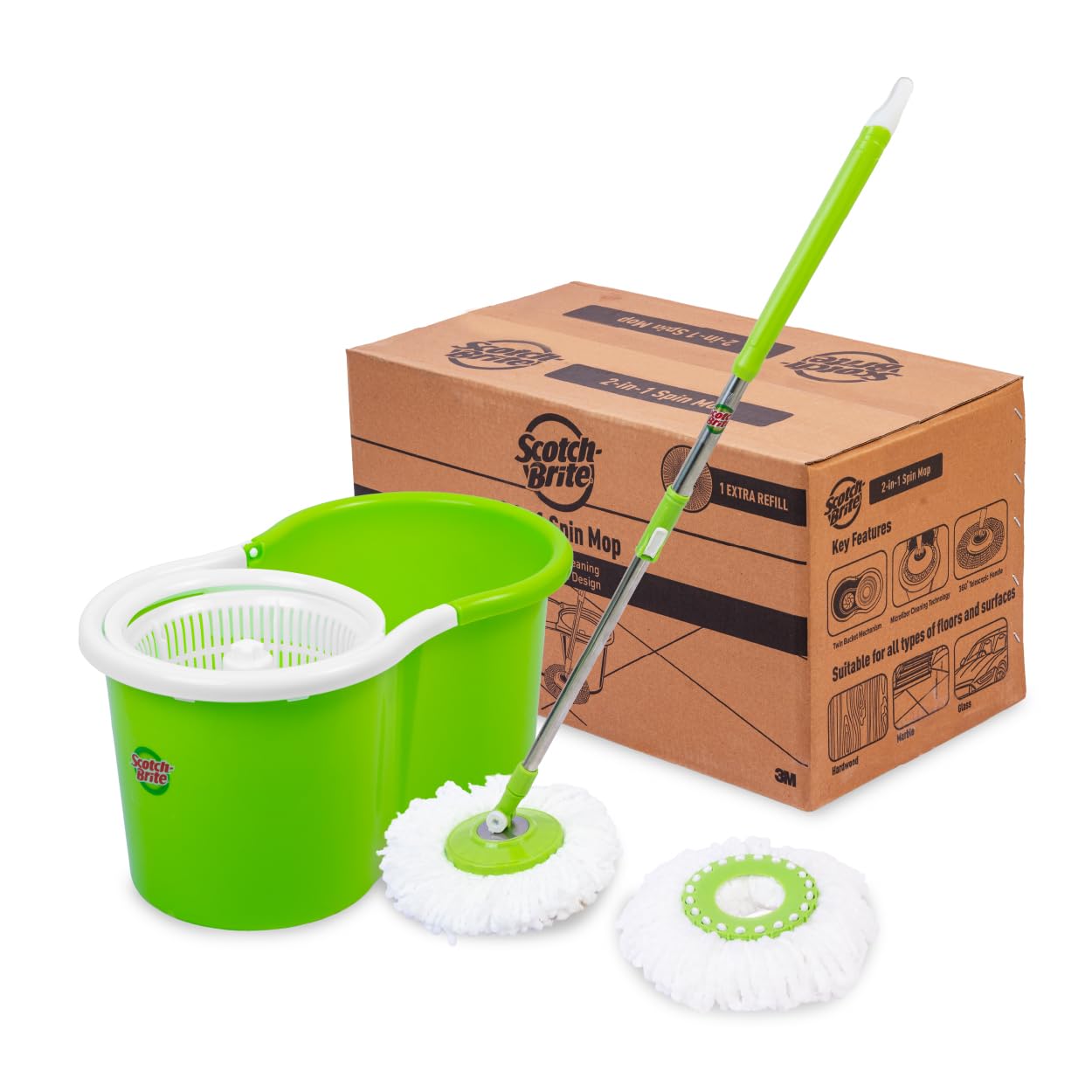 Scotch-Brite Twin Bucket Spin Mop with Easy Wring & Rinse System, 360° Adjustable Handle, High Absorbency Microfiber for Deep Cleaning on All Floor Types, 1 Extra Refill (Green)