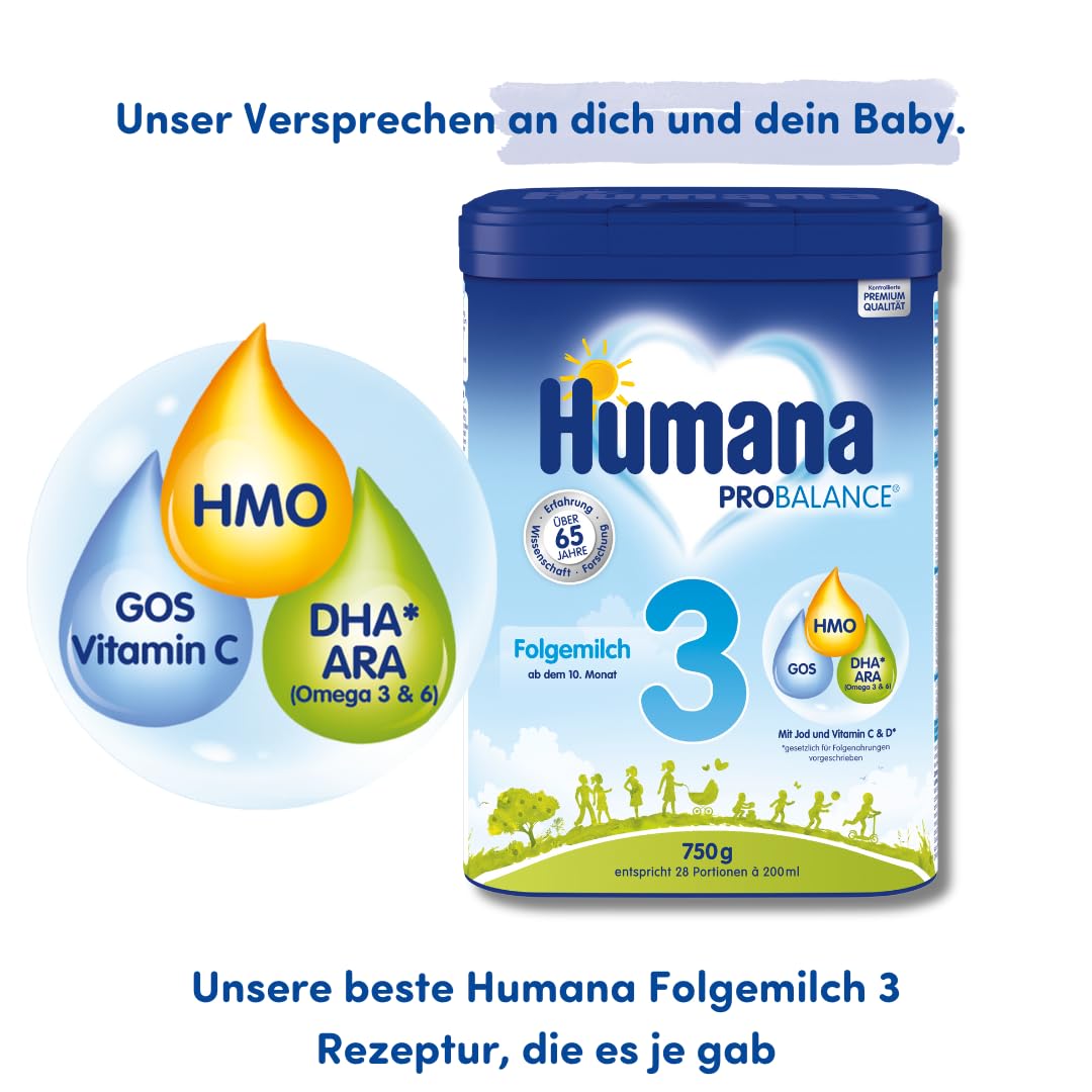 Humana PROBALANCE Folgemilch 3, ab dem 10. Monat, Babynahrung im Anschluss an das Stillen, einer Anfangsnahrung oder einer Folgemilch 2, ideal zum Zufüttern, 4 x 750 g